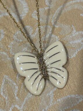 DIRECTION ONE Gold Cream Enamel Butterfly Pendant NECKLACE